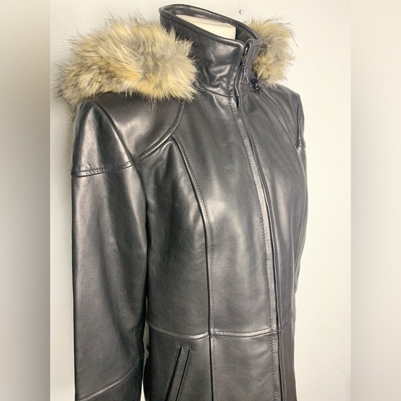 WORTHINGTON Genuine Lambskin Leather Black Zip-Up Jacket Oversized Faux Fur Hood - Picture 3 of 9